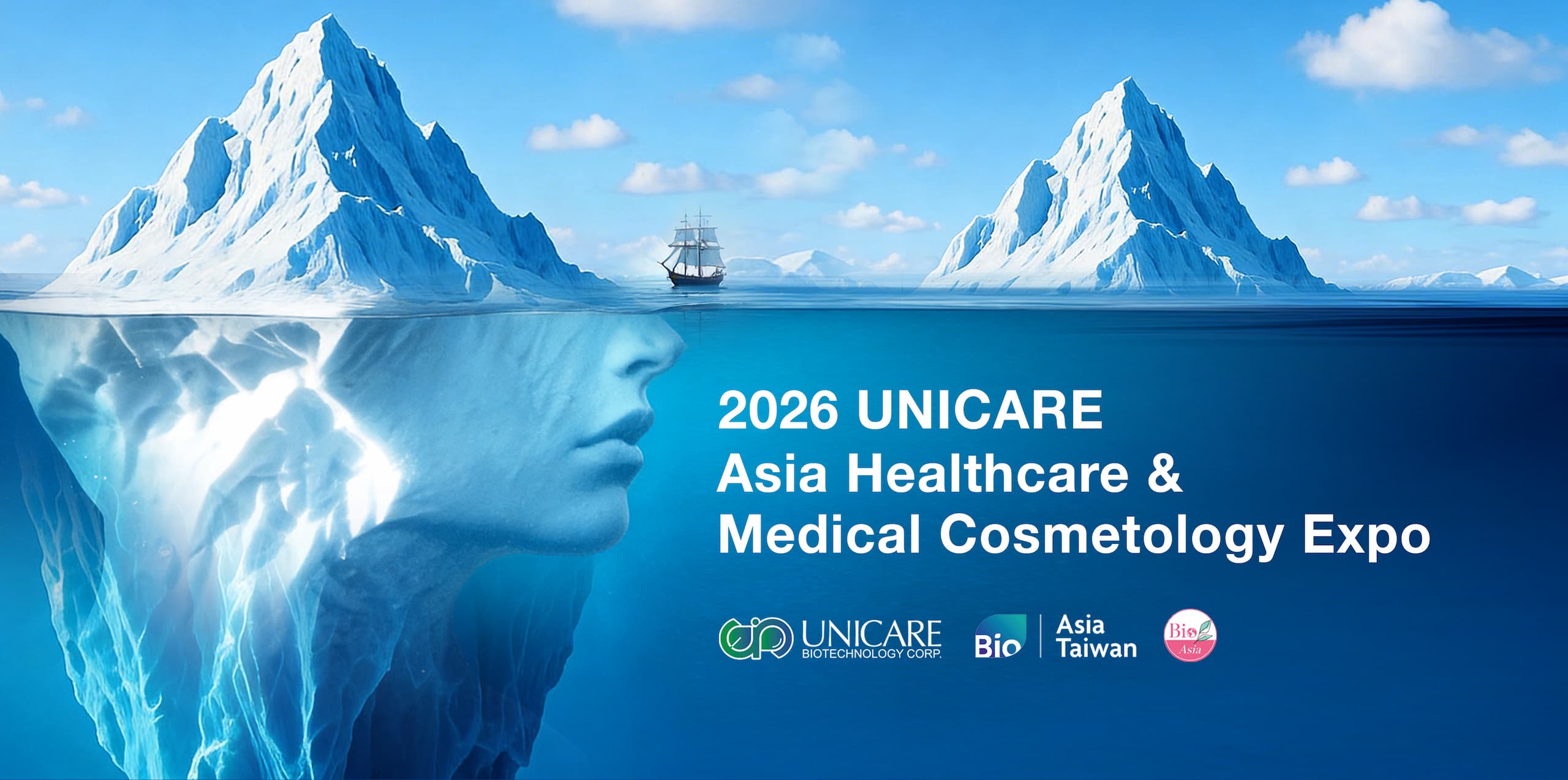 2026BN_EN 2026 Unicare Asia Healthcare &Amp; Medical Cosmetology Expo — Skincare Odm Exhibition Banner Featuring Iceberg And Glowing Facial Silhouette
